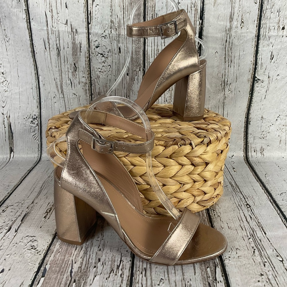 Lewit “Guilia” Heeled Sandals Rose Gold Leather Ankle Wrap Heels 38.5 - 7.5